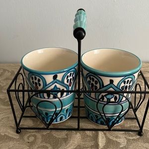 Set of two mugs, his and hers on a nice holder for tea, coffee or favorite drink
